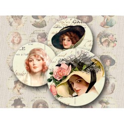 Vintage Women Digital Round Images 1 Inch 2.54 cm Collage Sheet Printable