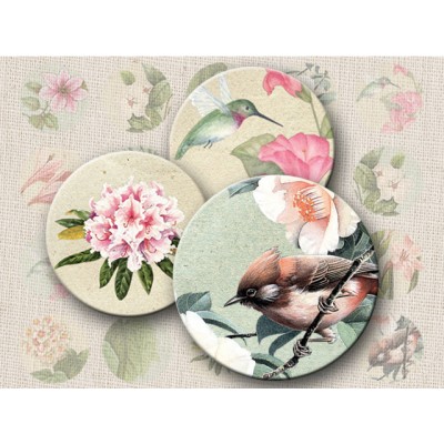 Birds and Flowers Digital Round Images 1 Inch 2.54 cm Collage Sheet Printable