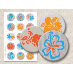 Blue and Orange Flowers, Printable Cabochon Round Images 1 Inch 2.54 cm 