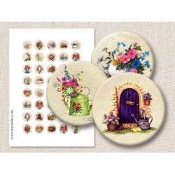 Flowers The Secret Garden Digital Circles 1 Inch 2.54 cm Instant Download