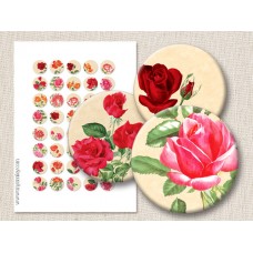Pink and Red Roses Digital Round Images 1 Inch 2.54 cm Collage Sheet Printable Bottle Cap Circles