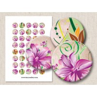 Violet Flowers Digital Round Images 1 Inch 2.54 cm Collage Sheet Printable Cabochon Circles