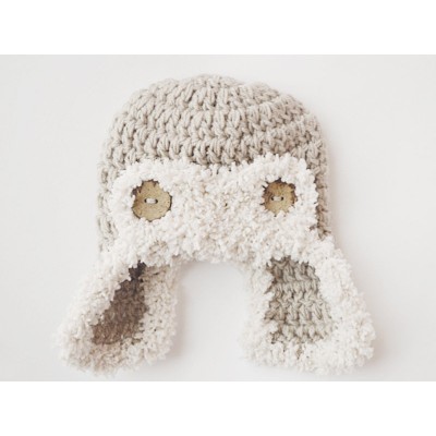 Fluffy aviator baby hat, Aviator crochet newborn hat, Baby beige aviator hat
