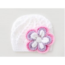 Flower baby girl beanie, White baby girl hat, Crochet girl hat, Tinysmiley