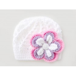 Flower baby girl beanie, White baby girl hat, Crochet girl hat, Tinysmiley
