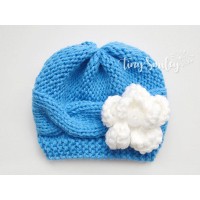 Blue knit winter baby hat, Knit baby girl wool beanie, Newborn knit wool hat
