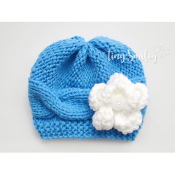 Blue knit winter baby hat, Knit baby girl wool beanie, Newborn knit wool hat