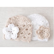 Newborn twin girls crochet beanies, Twin baby girl beanies hats beige