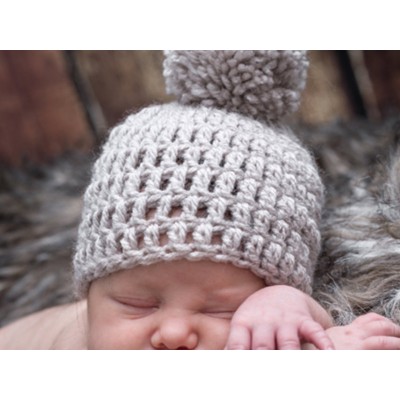 Crochet beige pompom beanie, Pom pom boy hat, Newborn baby boy outfit