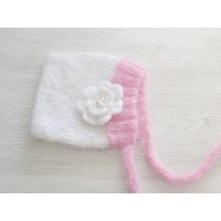White knit baby bonnet, Cute newborn girl bonnet, Baby girl bonnet