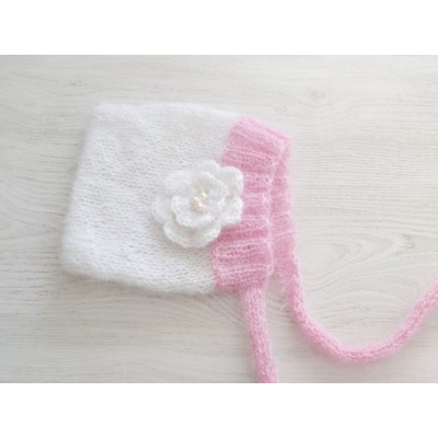 White knit baby bonnet, Cute newborn girl bonnet, Baby girl bonnet