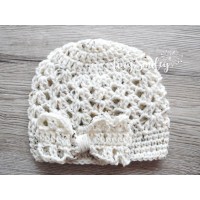 Crochet bow baby girl hat, Newborn bow beanie, Lace bow girl hat