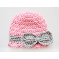 Bow pink baby girl hat, Bow beanies girl, Crochet bow girl hat pink gray