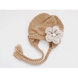 Honey brown girl winter hat, Knit baby girl hat, Earflap newborn girl hat