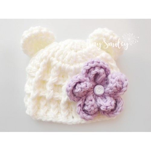Baby Girl  white Crochet Hat with a lovely Flower and Teddy bear Newborn