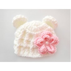 Wool crochet bear hat, Cream baby girl hat with flower, Baby winter hats