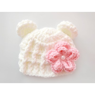 Wool crochet bear hat, Cream baby girl hat with flower, Baby winter hats
