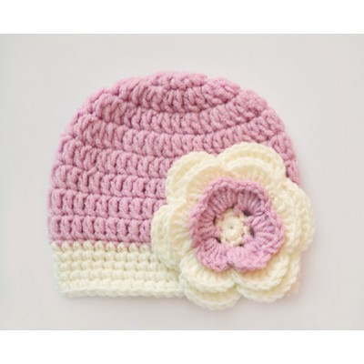 Girls crochet wool baby hat, Mauve baby girl hat, Newborn flower girl beanie
