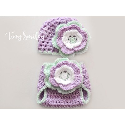 Set crochet girl outfit, Newborn crochet outfit girl, Hat and diaper cover set