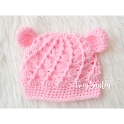 Crochet pink baby hat with ears, Bear girl crochet hat, Bear ears hat, Tinysmiley