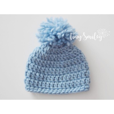 Dove blue wool pompom beanie, Winter baby boy hat with cute pompom