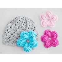 Crochet beanie for girl with flowers, Gray interchangeable flowers baby hat