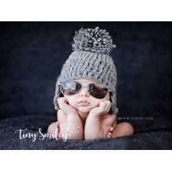 Wool earflap baby hat, Winter baby hats, Pompom newborn hat gray