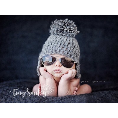 Wool earflap baby hat, Winter baby hats, Pompom newborn hat gray