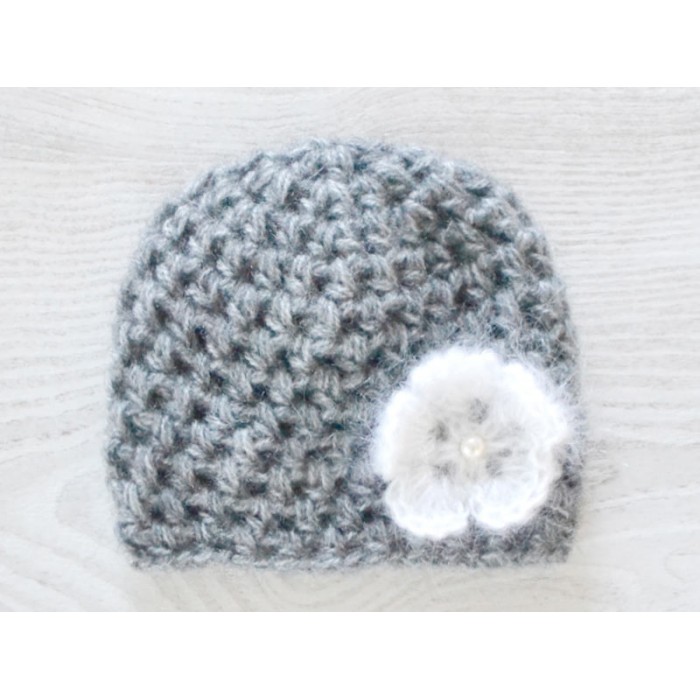 Girl mohair crochet beanie, Gray wool baby girls hat