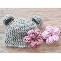 Bear girl beanie, Bear hat newborn, Crochet bear ears hat with flower