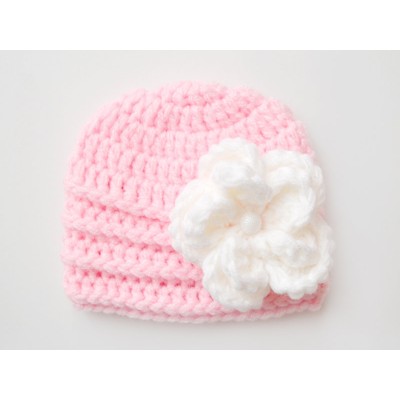Pink baby girl flower hat, Newborn crochet hat
