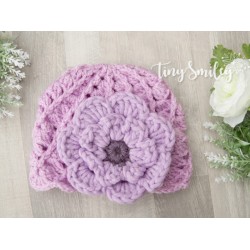Crochet lilac girl hat with flower, Purple baby girl hat, Tinysmiley
