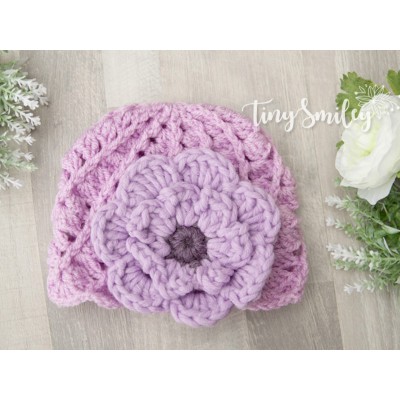 Crochet lilac girl hat with flower, Purple baby girl hat, Tinysmiley