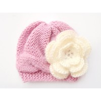 Wool mauve girl hat newborn, Cable knit baby girl beanie, Mohair flower hat