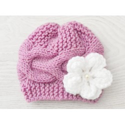 Newborn knit baby girl hat, Mauve baby girl knit hat, Baby wool hats for winter 