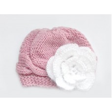 Wool cable hat girl mauve beanie, Knit baby hat newborn girl, Hat mohair flower