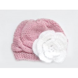 Wool cable hat girl mauve beanie, Knit baby hat newborn girl, Hat mohair flower