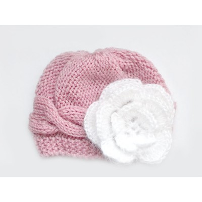 Wool cable hat girl mauve beanie, Knit baby hat newborn girl, Hat mohair flower