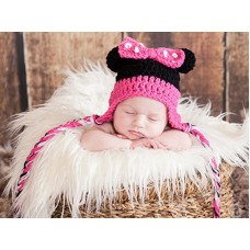 Baby Minnie Mouse ear flap hat, Newborn Minnie mouse crochet beanie