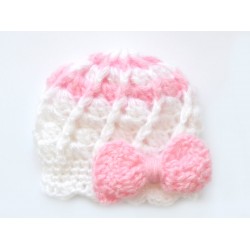 Crochet mohair newborn girl hat, Mohair girl hat with pink bow 