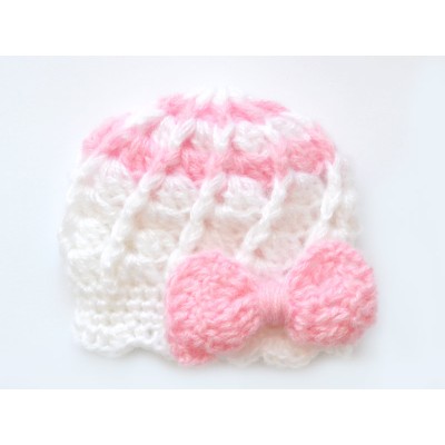 Crochet mohair newborn girl hat, Mohair girl hat with pink bow 