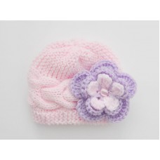 Pale pink knit baby beanie, Girl cable newborn hat with large flower