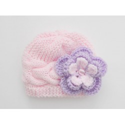 Pale pink knit baby beanie, Girl cable newborn hat with large flower