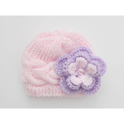 Pale pink knit baby beanie, Girl cable newborn hat with large flower
