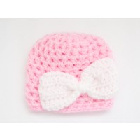Pink bow crochet baby girl beanie, Baby girl hat, Crochet girl  take home outfit 
