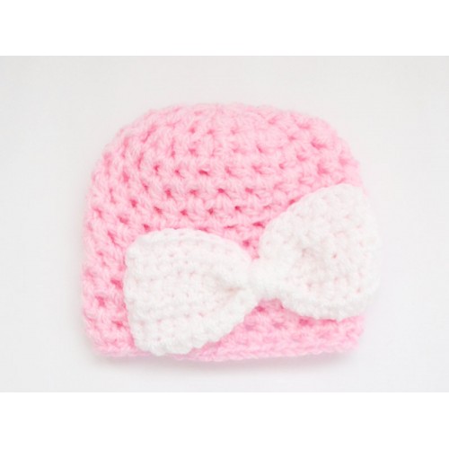 Baby Girl Pink Crochet Hat with a lovely large Satin Bow 0/3mths 