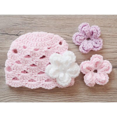 Girl infant baby hat with interchangeable flowers, Crochet girl hat removable flowers 