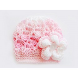 Pink striped girl hat with flower, Baby girl crochet beanie