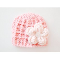 Pink baby girl beanie, Pink flower baby girl hat, Newborn girl hat pink