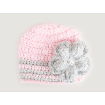 Pink baby girl crochet beanie with gray flower, Tinysmiley